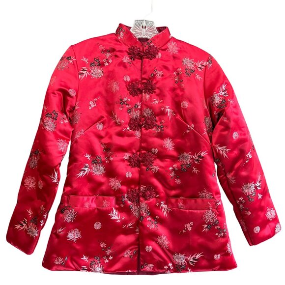 VTG Moon Rabbit Padded Cheongsam Quilted Jacquard Jacket 4 Red Floral Print - Picture 5 of 13